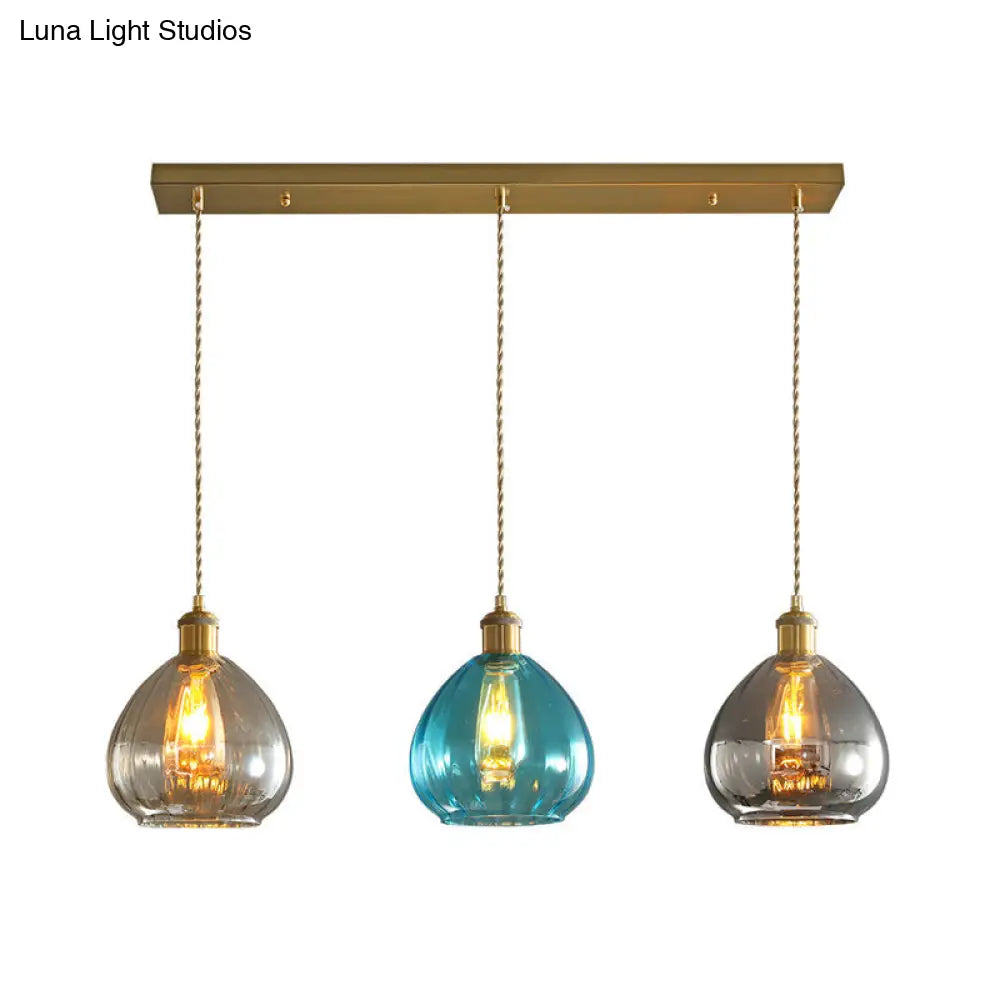 Vintage Glass Onion Multi Ceiling Light Pendant in Brass with Linear/Round Canopy - Tan-Blue-Grey, 3-Bulb Fixture