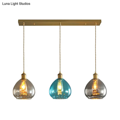 Vintage Glass Onion Multi Ceiling Light Pendant in Brass with Linear/Round Canopy - Tan-Blue-Grey, 3-Bulb Fixture