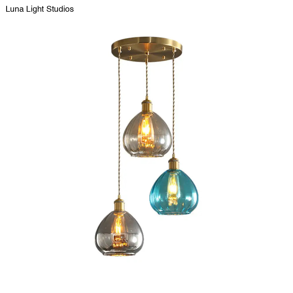 Vintage Glass Onion Multi Ceiling Light Pendant in Brass with Linear/Round Canopy - Tan-Blue-Grey, 3-Bulb Fixture