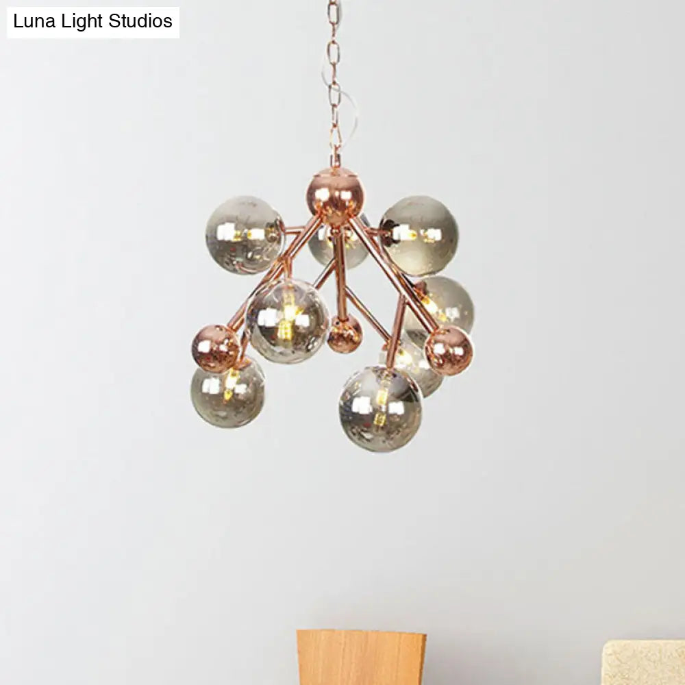 Vintage Glass Pendant Chandelier - 9 Globe Lights in Clear, Amber & Smoke Gray for Indoor Lighting