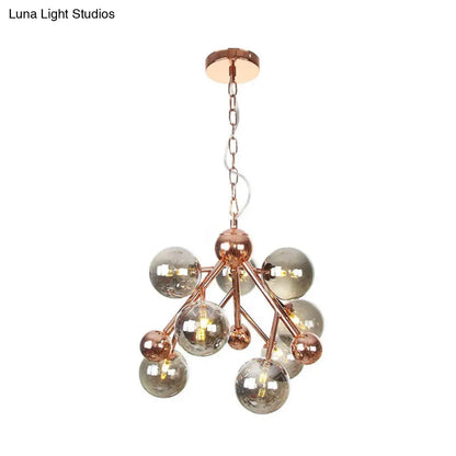 Vintage Glass Pendant Chandelier - 9 Globe Lights in Clear, Amber & Smoke Gray for Indoor Lighting