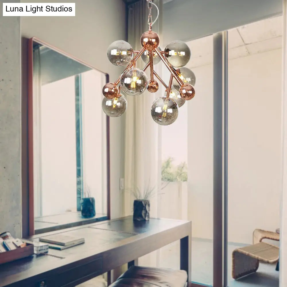 Vintage Glass Pendant Chandelier - 9 Globe Lights in Clear, Amber & Smoke Gray for Indoor Lighting