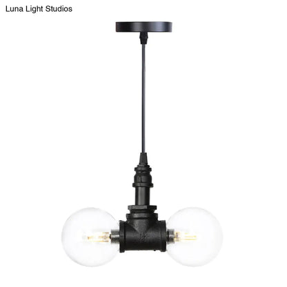 Vintage Glass Pendant Chandelier with Sphere Amber/Clear Bulbs - Black Fixture