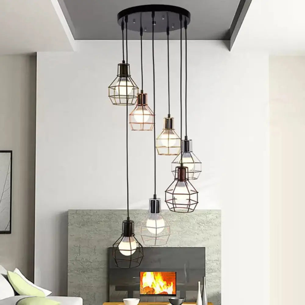 Vintage Global Cage Shade Pendant Lighting with Metallic Finish - 3/7 Heads Hanging Lamp in Black