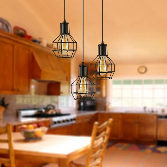 Vintage Global Cage Shade Pendant Lighting with Metallic Finish - 3/7 Heads Hanging Lamp in Black