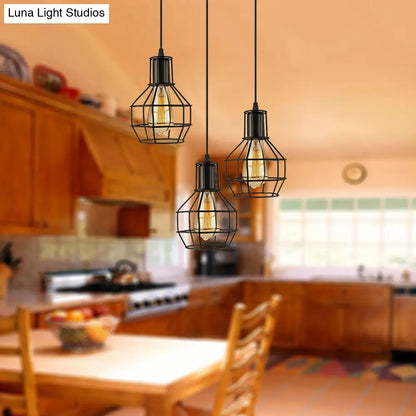 Vintage Global Cage Shade Pendant Lighting with Metallic Finish - 3/7 Heads Hanging Lamp in Black