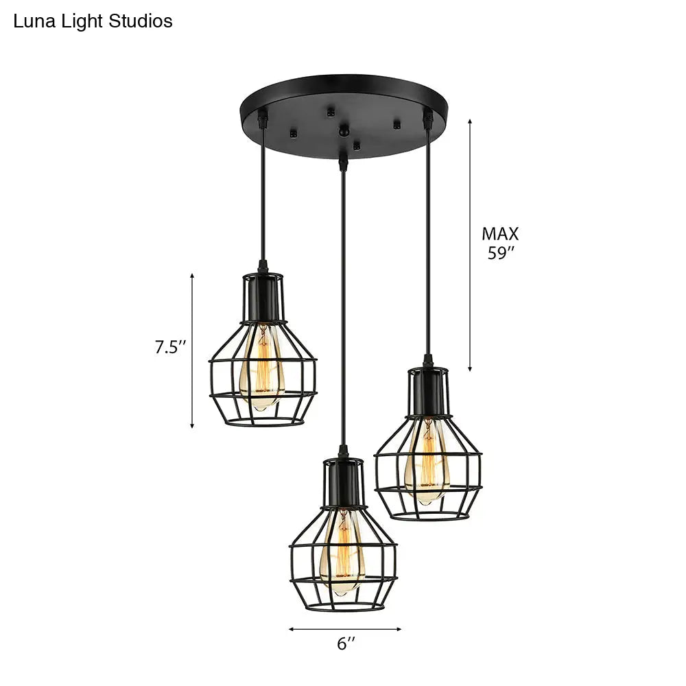 Vintage Global Cage Shade Pendant Lighting with Metallic Finish - 3/7 Heads Hanging Lamp in Black