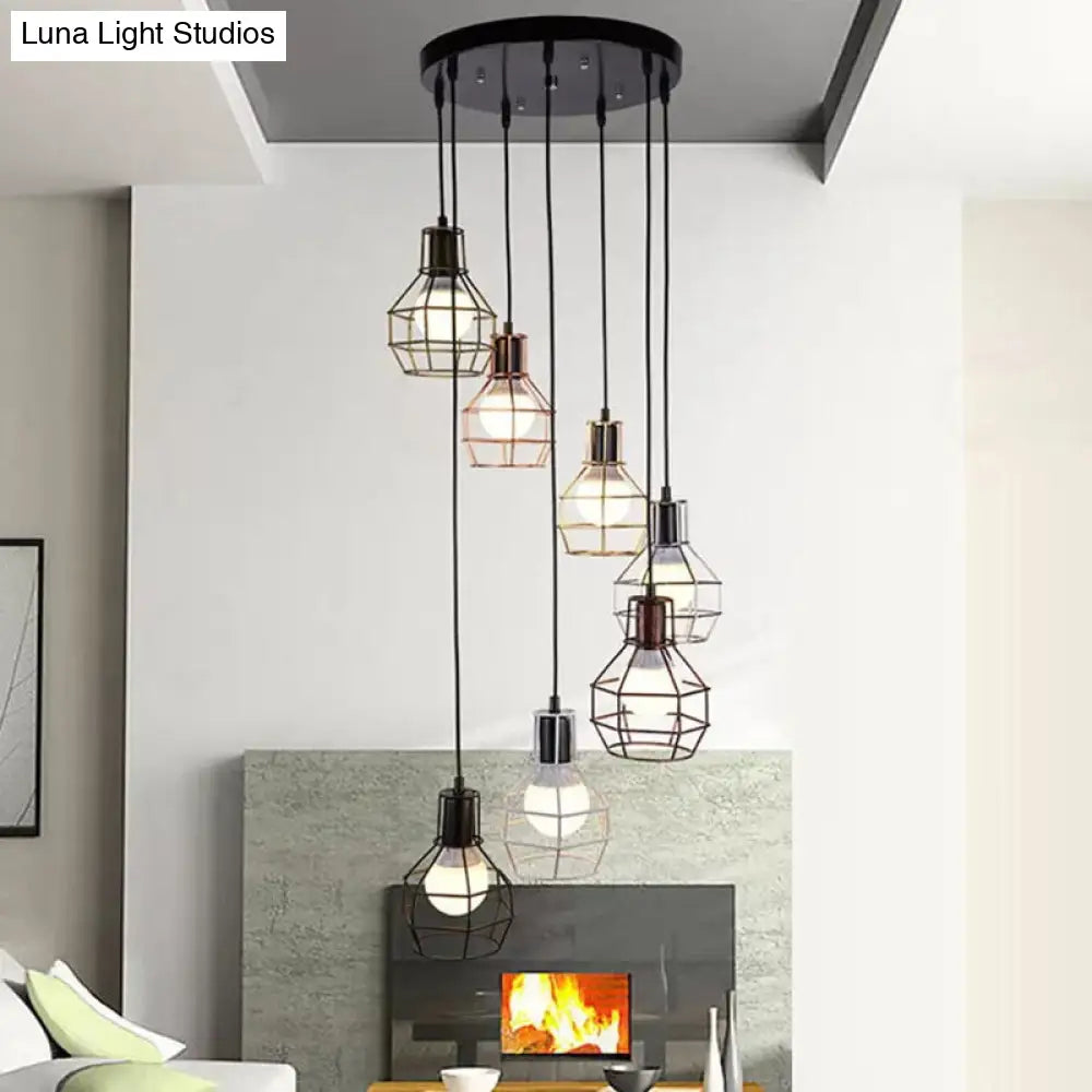 Vintage Global Cage Shade Pendant Lighting with Metallic Finish - 3/7 Heads Hanging Lamp in Black