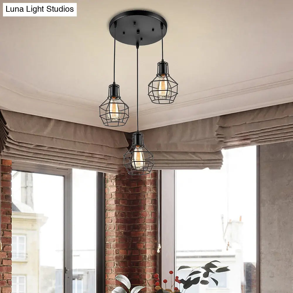 Vintage Global Cage Shade Pendant Lighting with Metallic Finish - 3/7 Heads Hanging Lamp in Black