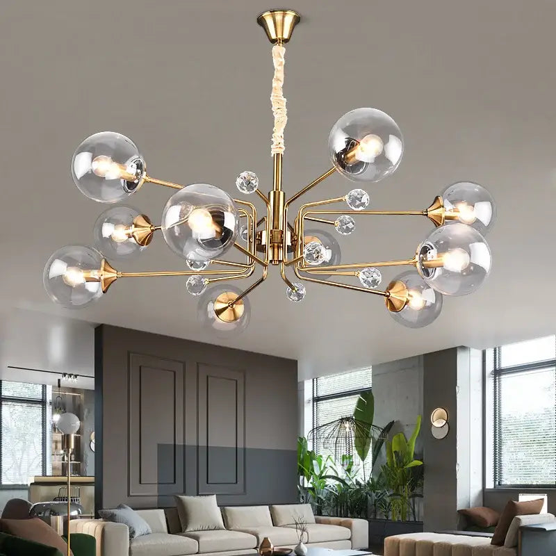 Vintage gold amber glass bubble chandelier with clear globe shades and crystal accents for living room decorbites glass bubble