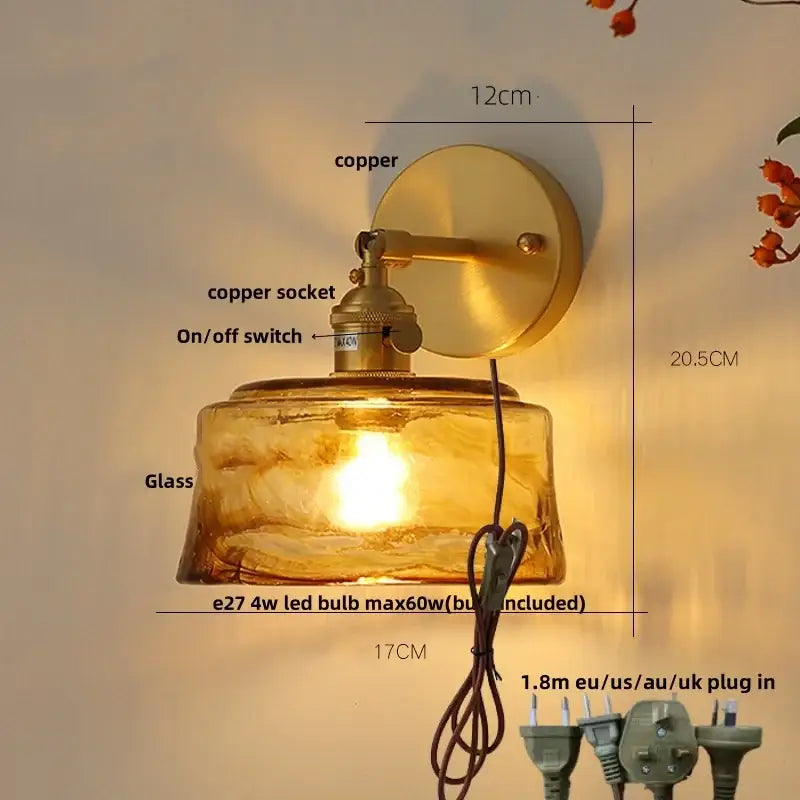 Brass-finished copper wall light with textured amber vintage led glass shade and exposed edison bulb for bedroom decorbites amber vintage