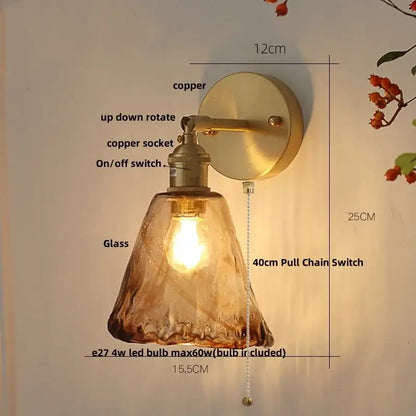 Copper-finished wall light with textured amber vintage led glass shade and 40cm pull chain switch for decorbites amber vintage style