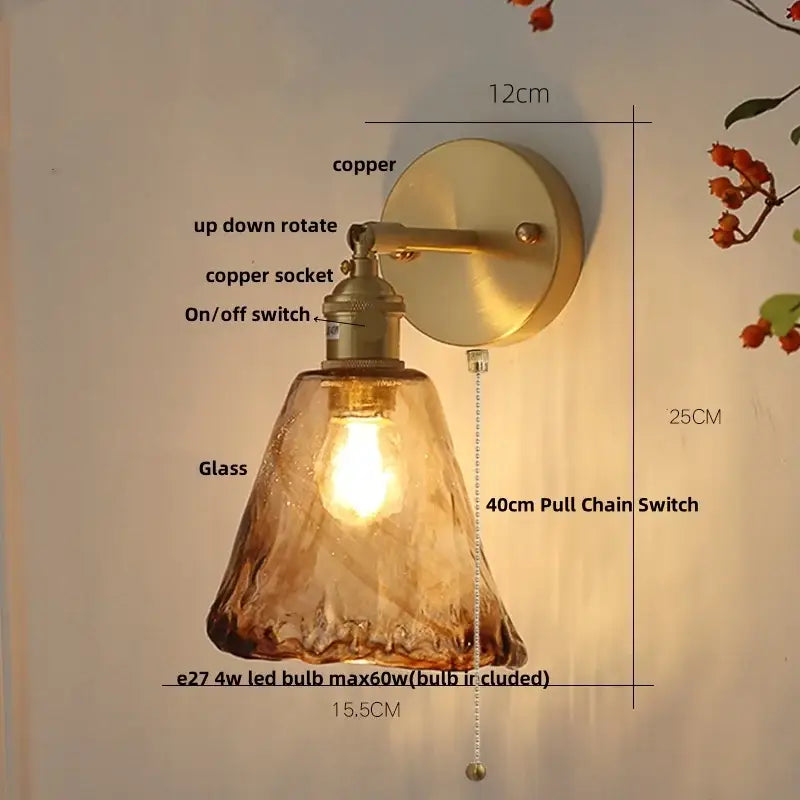 Copper-finished wall light with textured amber vintage led glass shade and 40cm pull chain switch for decorbites amber vintage style