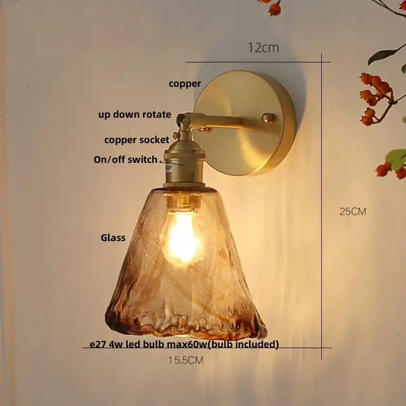 Copper-finished wall light with textured amber glass shade for vintage gold and decorbites amber vintage led decor