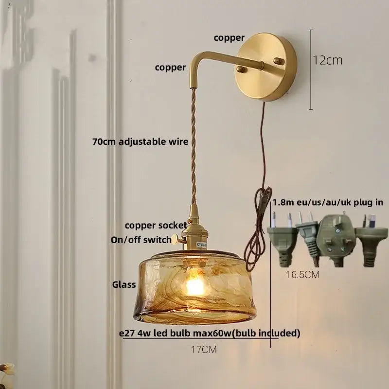 Vintage gold and amber glass led wall light bedroom sconce with warm amber glass and brass copper finish arm decorbites amber vintage