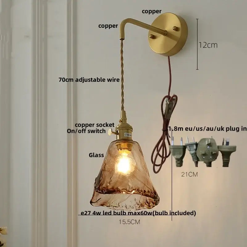 Vintage gold and amber glass led wall light with warm amber glass pendant and copper hardware for bedroom decorbites amber vintage