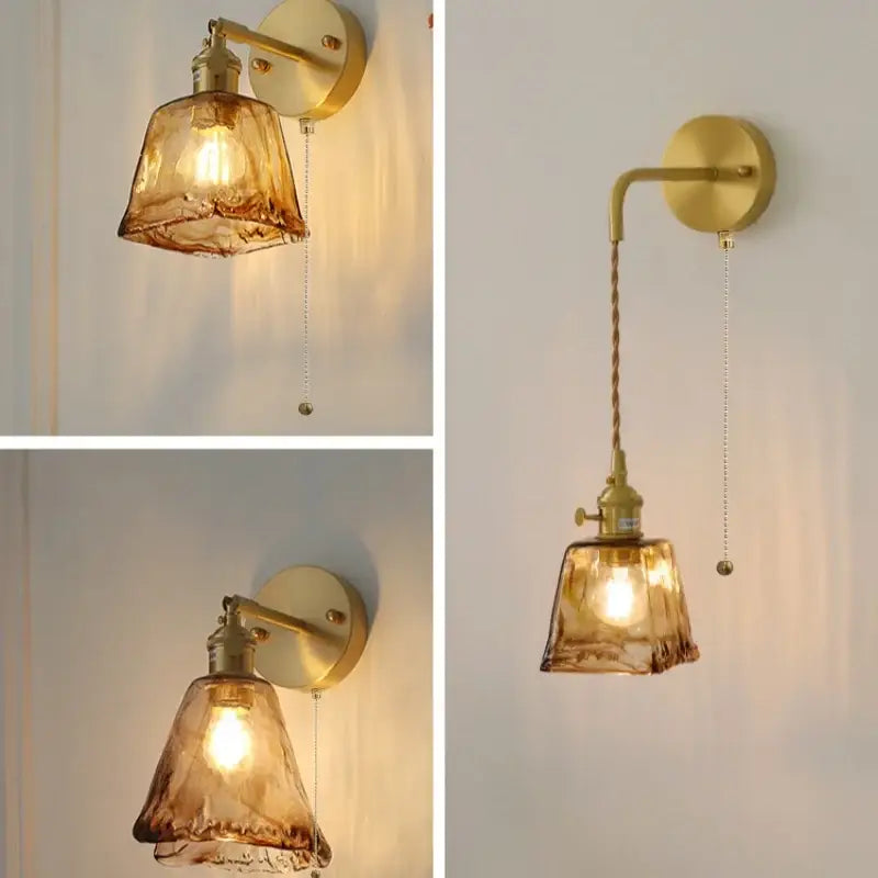 Vintage gold and amber glass led wall light with warm amber glass lamp and brass pull-chain frame for decorbites amber vintage decor