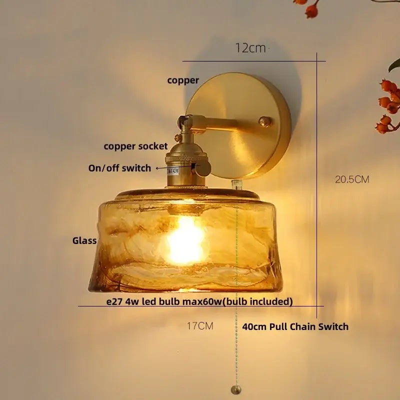 Vintage gold and amber glass led wall light with warm amber glass and brass copper finish for decorbites amber vintage decor
