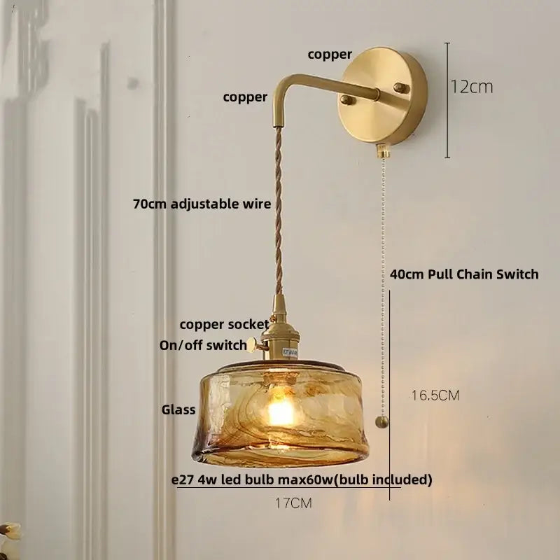 Vintage gold and amber glass led wall light with copper finish and adjustable wire for bedroom decorbites amber vintage decor