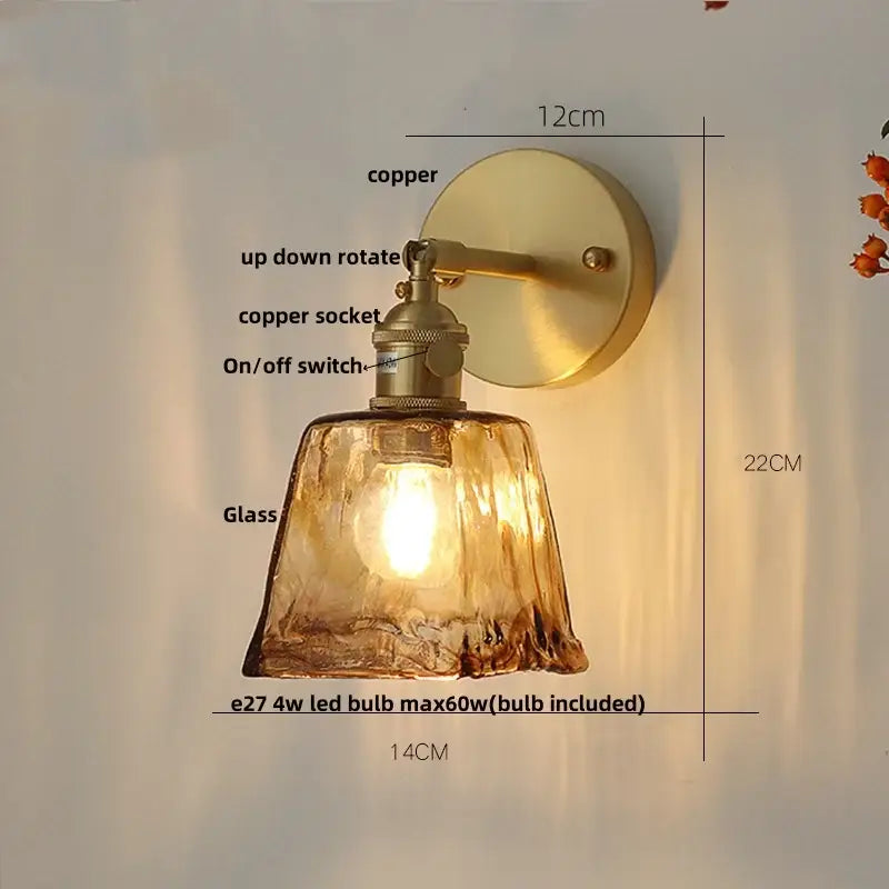 Vintage gold and amber glass led wall light with warm amber vintage led glass shade and copper adjustable arm fixture