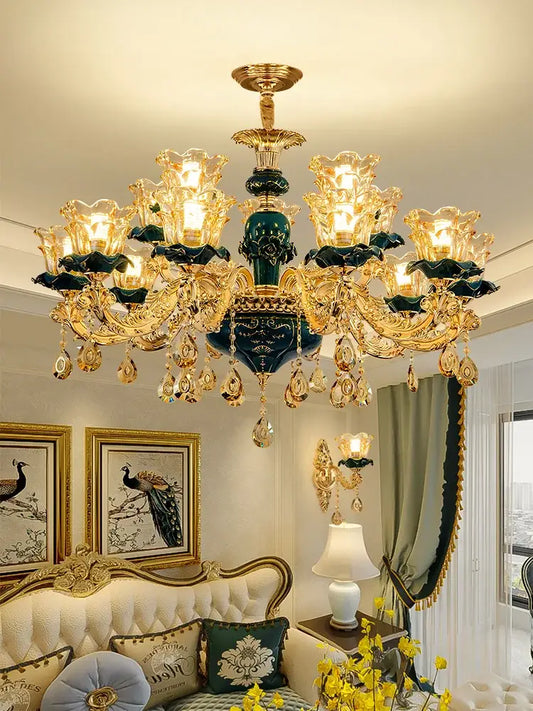 Vintage gold and dark blue crystal chandelier featuring ornate gold metalwork and dark blue crystal accents for living room decorbites dark blue