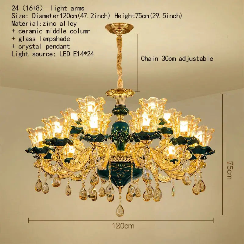Vintage gold and dark blue crystal chandelier with gold zinc alloy frame dark green ceramic column and blue crystal pendants