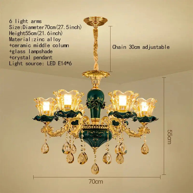 Elegant vintage gold and dark blue crystal chandelier with six light arms and ceramic center for living room decorbites dark blue