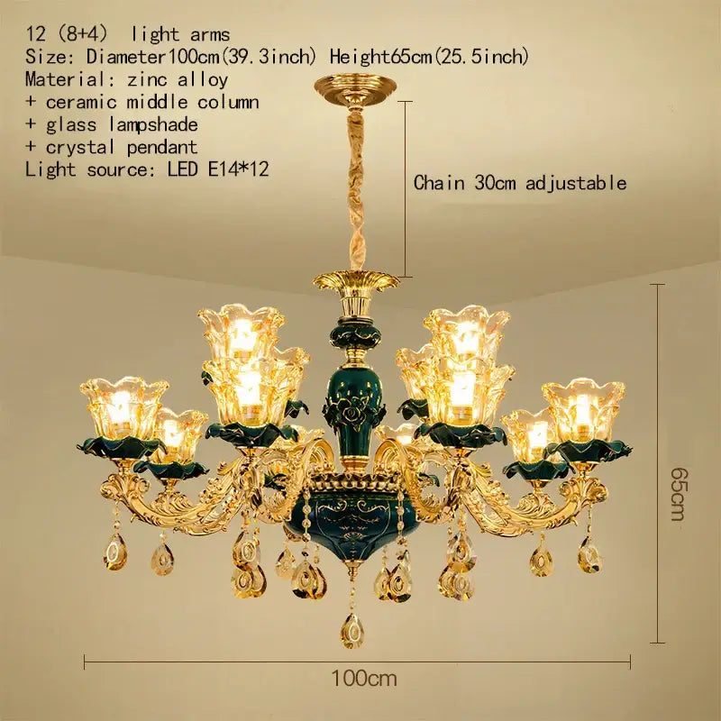 Vintage gold and dark blue crystal chandelier with gold zinc alloy frame and dark green ceramic center for living room decorbites dark blue