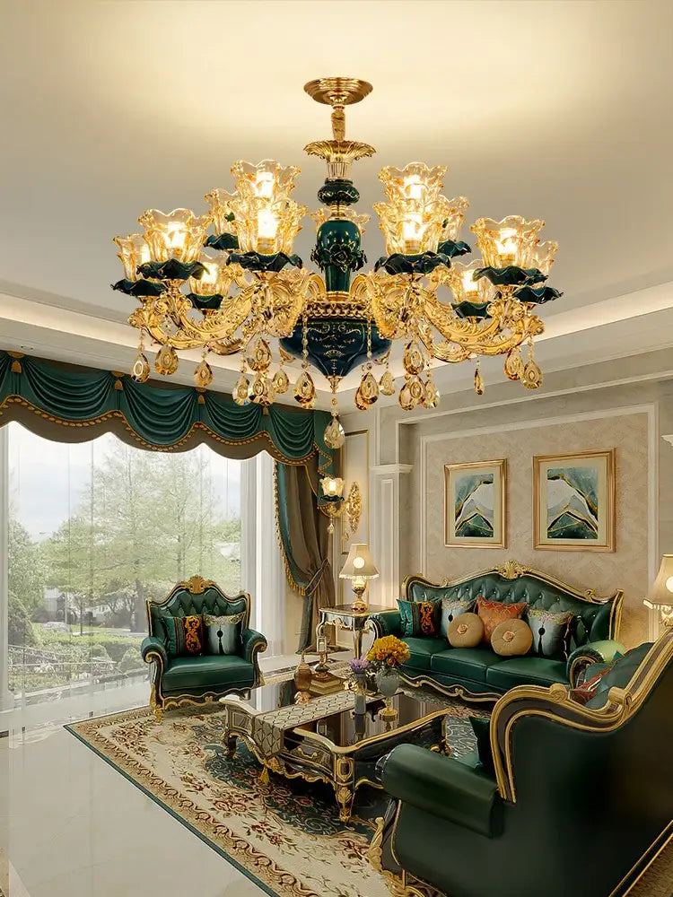 Vintage gold and dark blue crystal chandelier with intricate emerald green and crystal droplets for living room decorbites dark blue