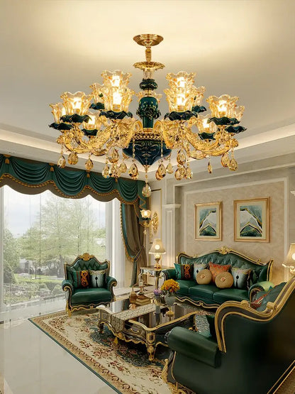 Vintage gold and dark blue crystal chandelier with intricate emerald green and crystal droplets for living room decorbites dark blue