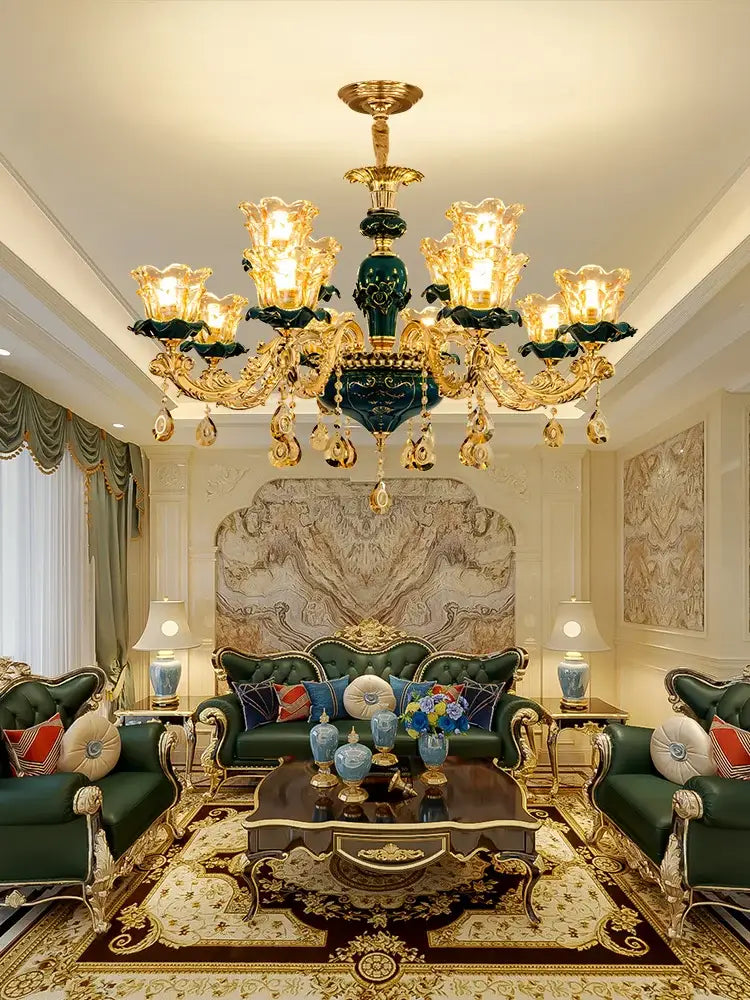 Vintage gold and dark blue crystal chandelier with intricate gold and emerald green droplets for living room decorbites dark blue