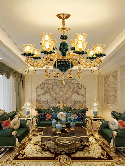 Vintage gold and dark blue crystal chandelier with intricate gold and emerald green droplets for living room decorbites dark blue