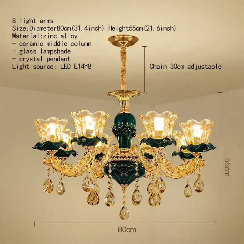 Vintage gold and emerald green ornate chandelier with crystal pendants for decorbites dark blue living room light