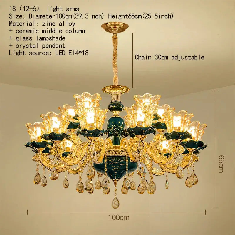 Vintage gold and dark blue crystal chandelier with ornate deep green decorbites dark blue pendants for living room light