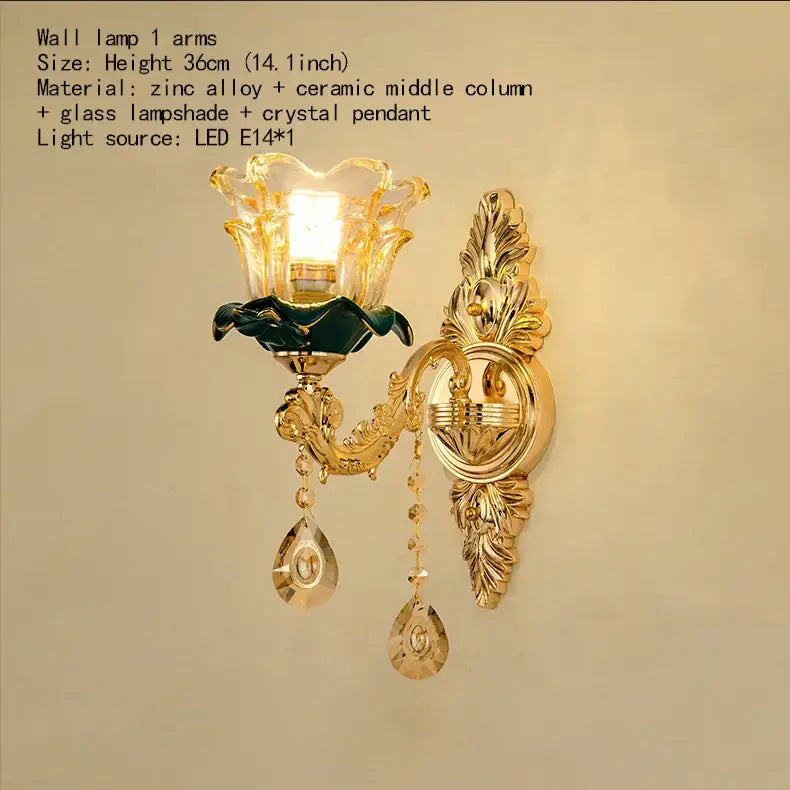 Vintage gold wall lamp with glass shade ceramic column and dark blue crystal pendants for decorbites dark blue chandelier