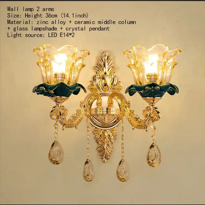 Vintage gold wall lamp with dark blue crystal teardrop pendants and floral glass shades for decorbites dark blue lighting