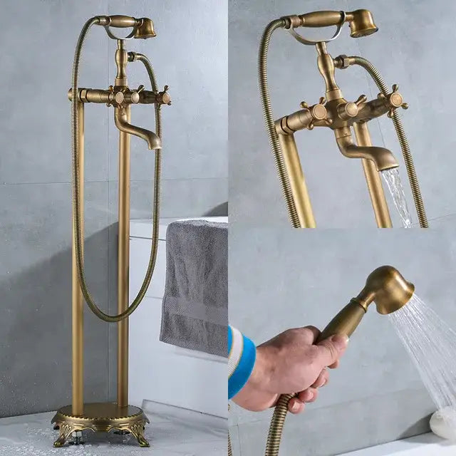 Vintage gold bath mixer tap in antique brass finish with ornate detailing and handheld showerhead for bathroom use