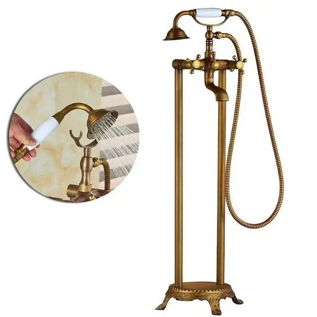Vintage gold bath mixer tap with antique brass finish detachable handheld showerhead and white ceramic handle bath mixer