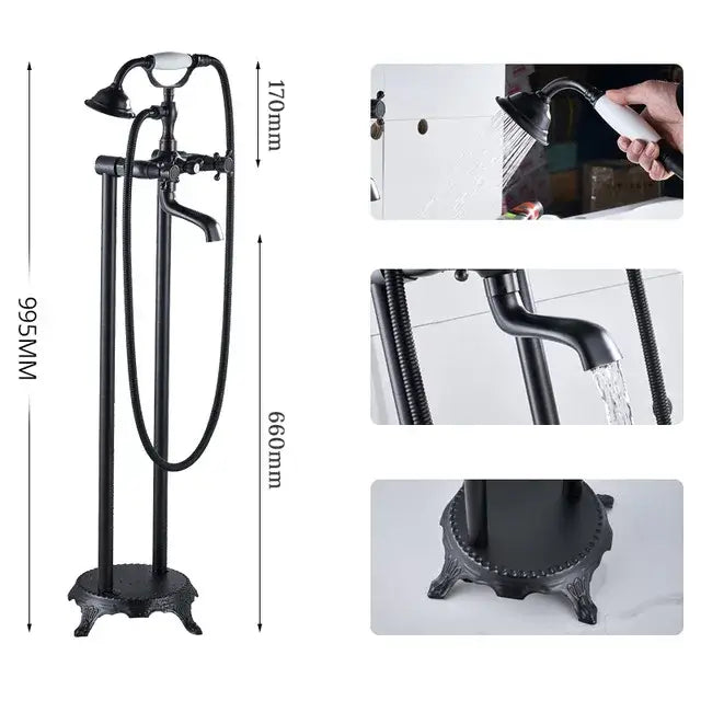 Black matte freestanding bath mixer tap with classic design and integrated handheld showerhead for bathroom use
