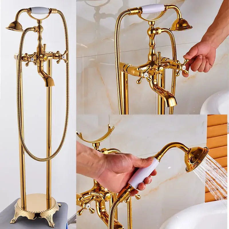Vintage gold bath mixer tap with handshower featuring a gold-finished tall stand and white ceramic handles