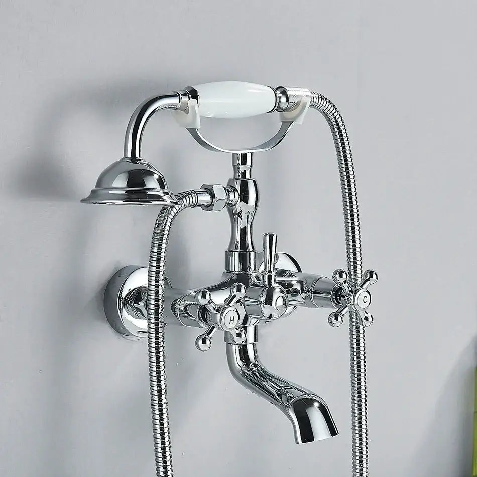 Chrome-finished vintage-style bathtub faucet with white ceramic handle and cross knobs for decorbites golden black bathtub use