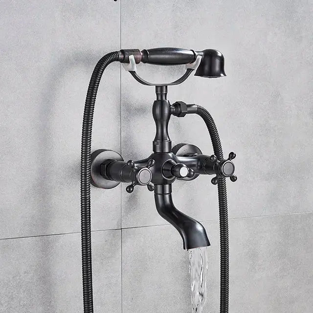 Black matte finished vintage style bathtub faucet with two cross handles and detachable handheld showerhead decorbites golden black