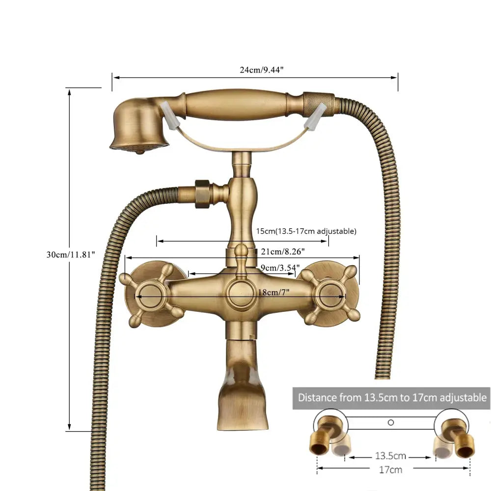 Antique brass-finished vintage gold and black bathtub faucet with ornate cross handles and detachable handheld showerhead by decorbites
