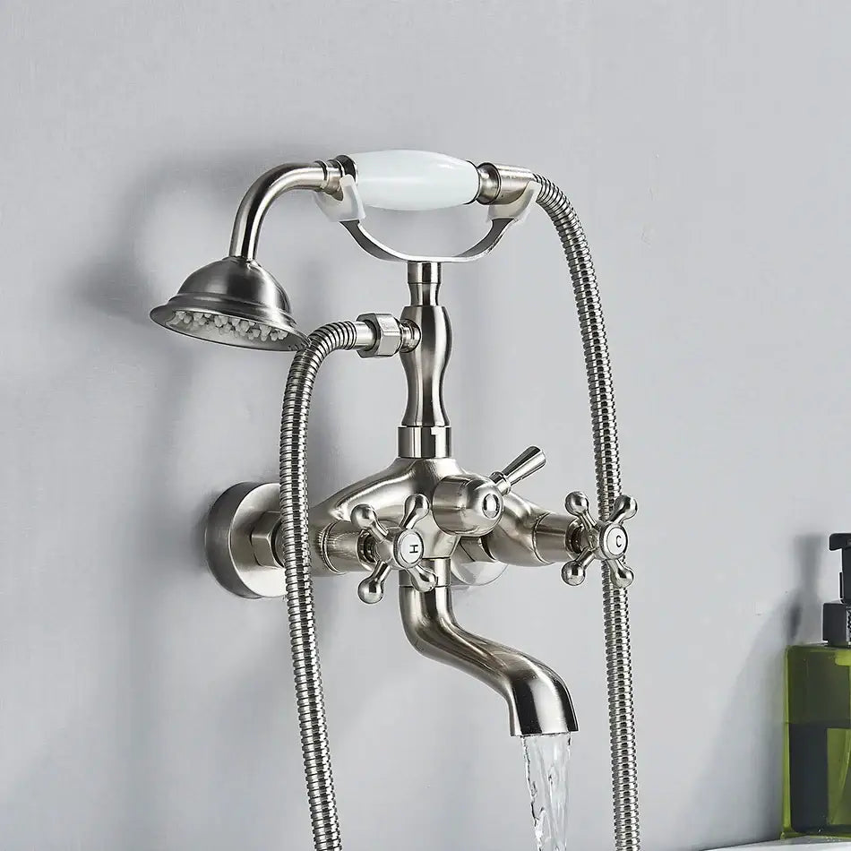 Stainless steel bathtub faucet with white ceramic handle and three cross knobs for decorbites golden black bathtub