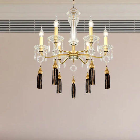 Lámpara de araña vintage dorada con suspensión de cristal transparente, 6 cabezas y decoración de borla.