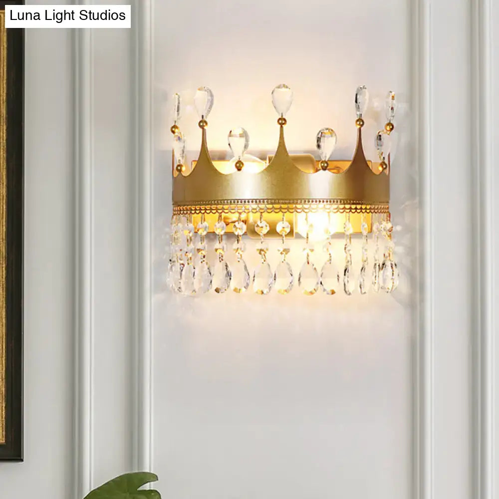 Vintage gold crown clear crystal wall lamp with dangling crystal teardrops for bedroom sconce lighting