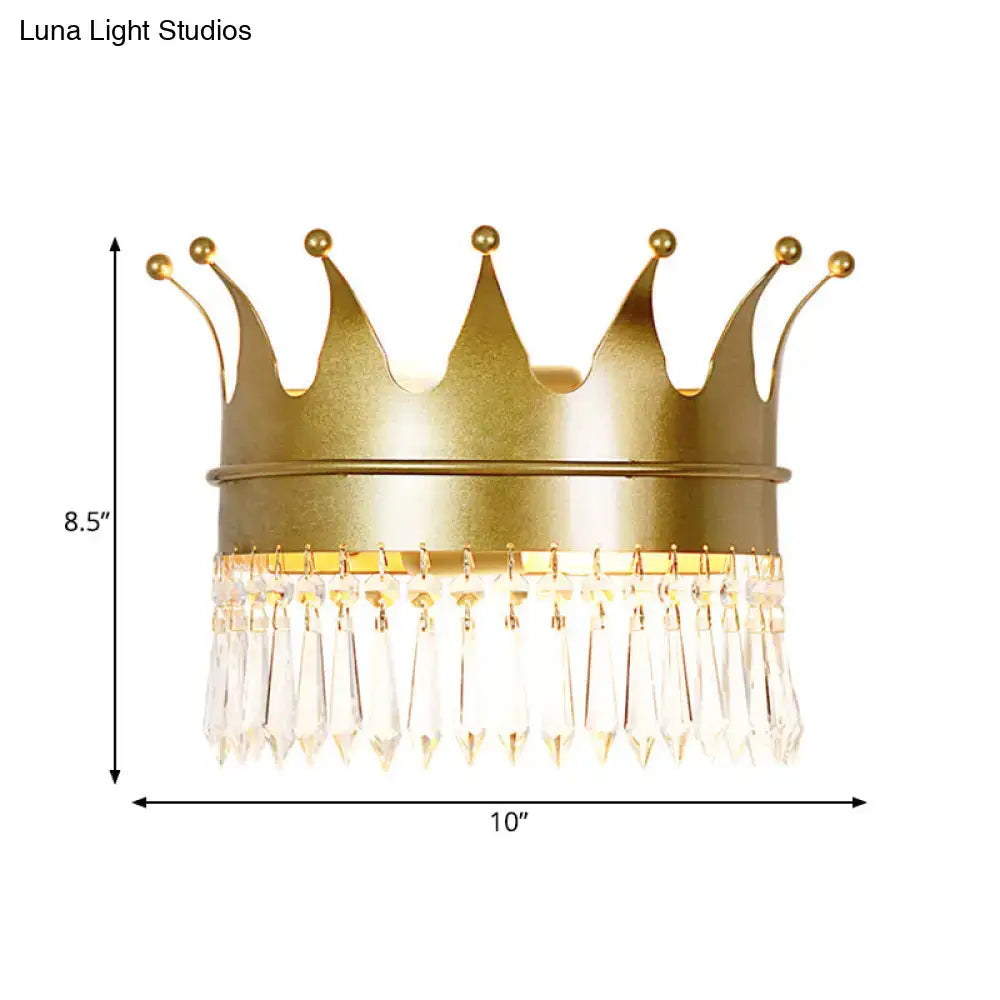 Vintage gold crown-shaped wall lamp with clear crystal tassels designed as a bedroom sconce