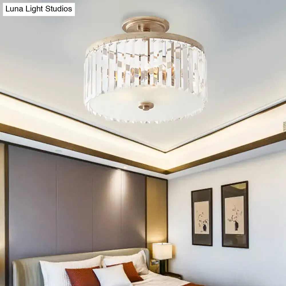 DecorBites™ vintage crystal block ceiling light with brushed gold finish and clear crystal prisms 220v-240v 110v-120v semi flush mount