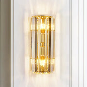 Vintage gold crystal sconce lighting with vertical faceted bars and warm glowing lights wall mounted lamp direct wired electric