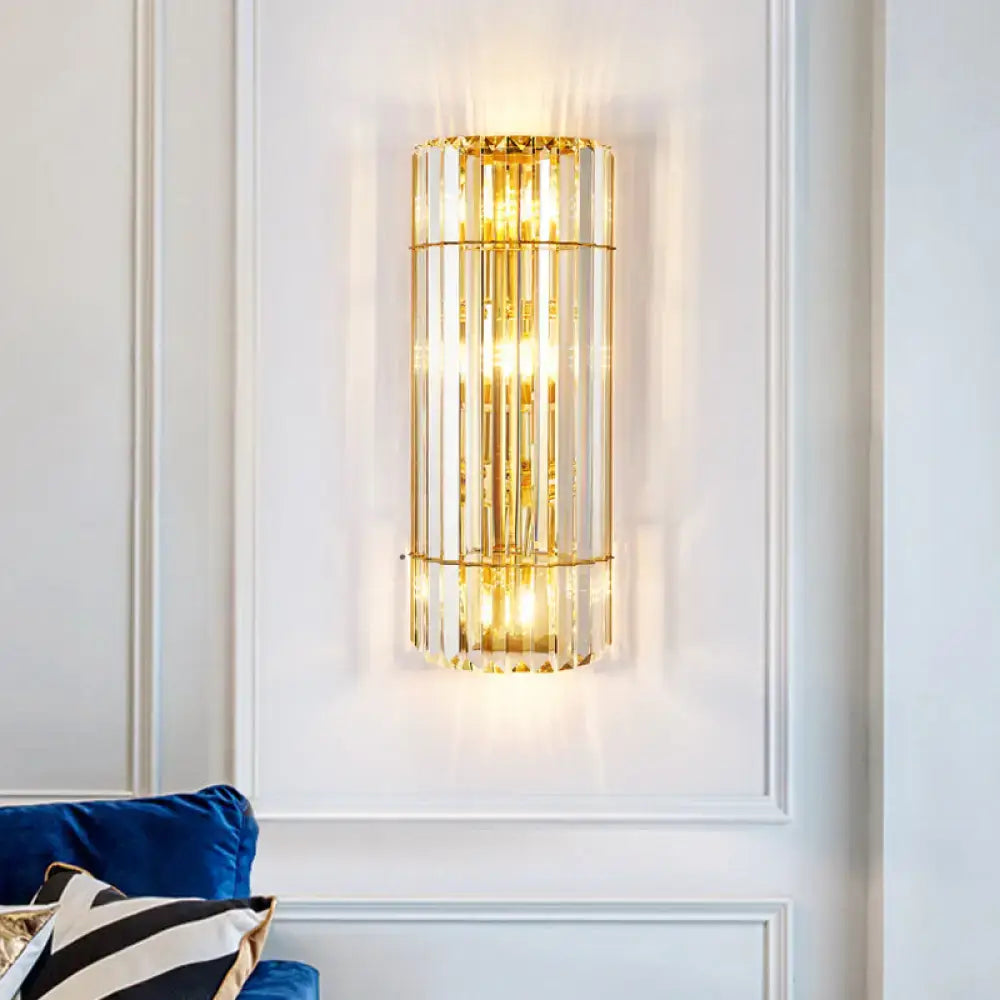 Vintage gold crystal wall mounted lamp with gold-toned cylindrical sconce lighting and direct wired electric design